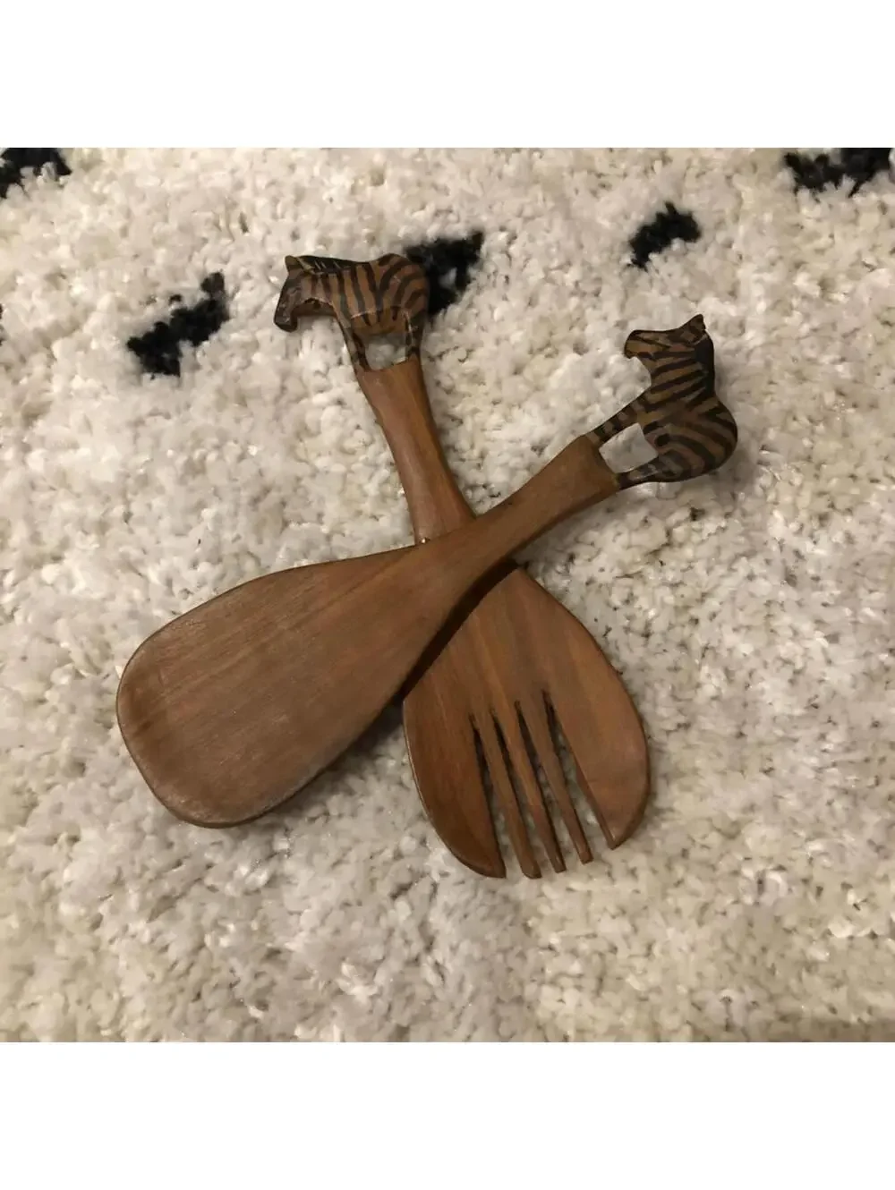 Hand Carved Wooden Zebra Salad Servers Set 2 Piece Safari Kitchen Decor Brown